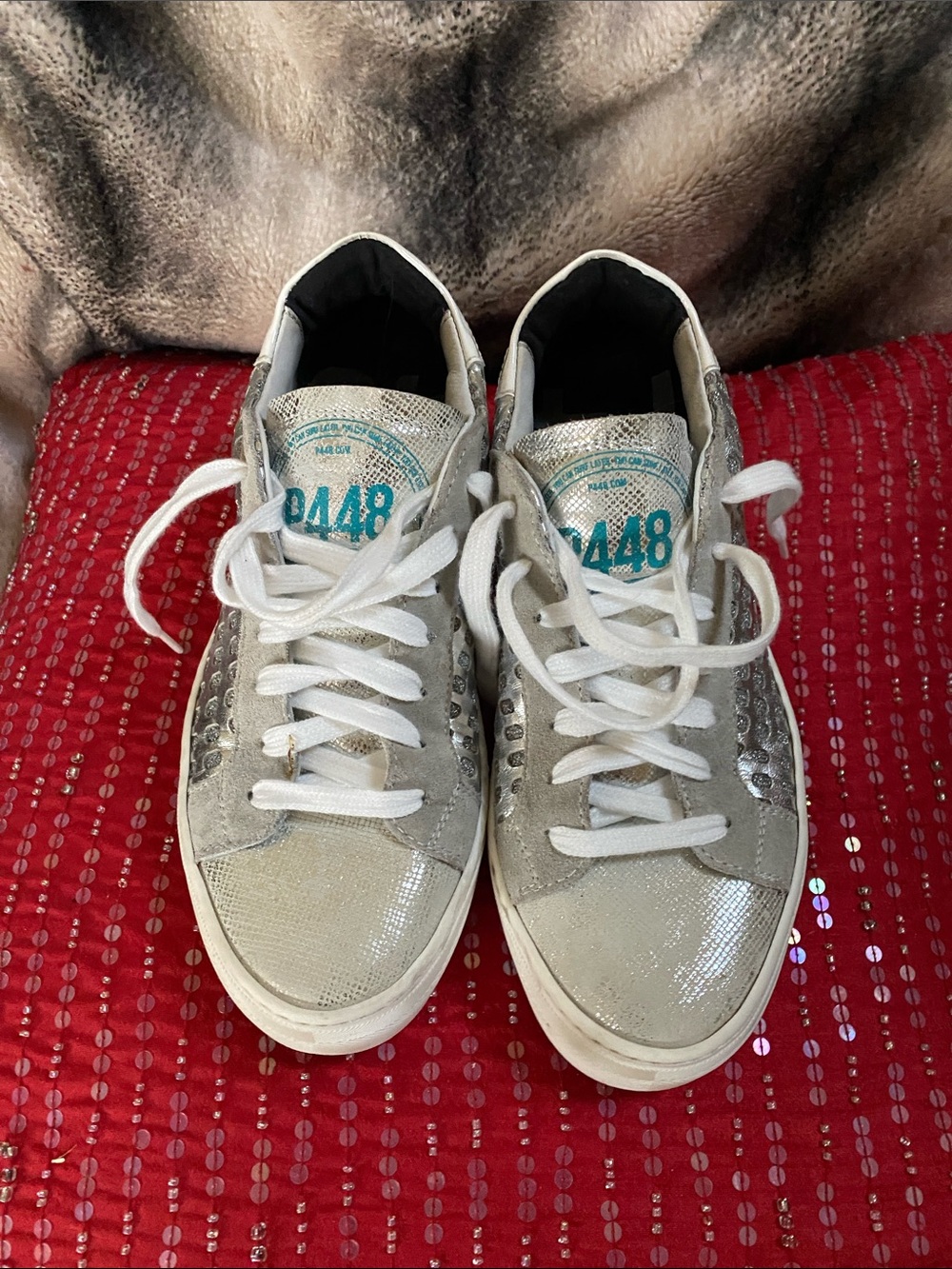 P448 Made in Italy 🇮🇹 Logo White Silver Leather Sneakers In Unused Condition